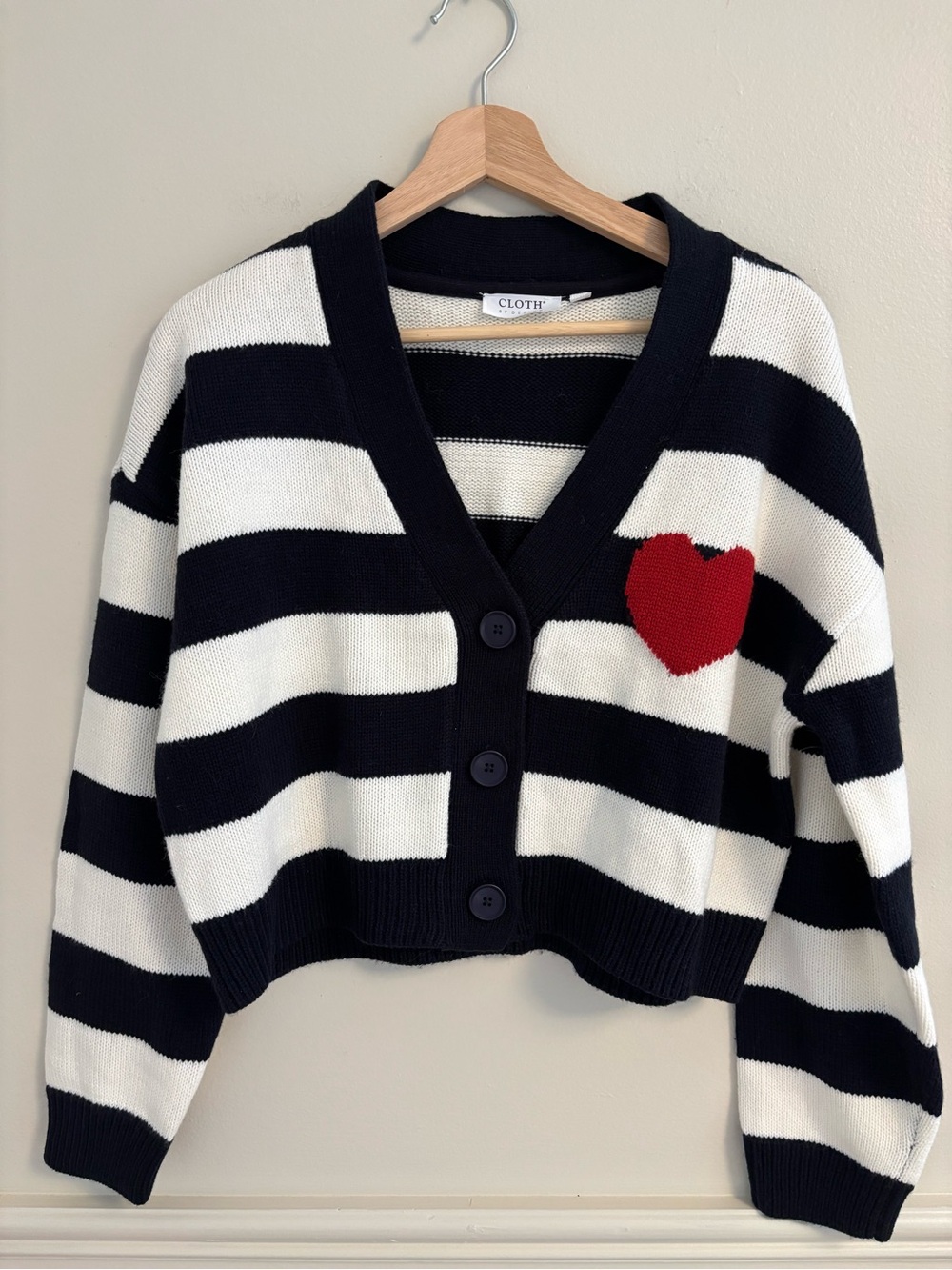 Black & White Striped Cropped Cardigan with Red Heart